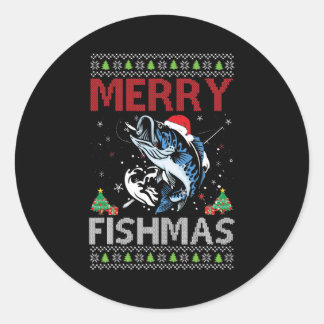Pegatina Redonda Navidades feos de Merry Fishmas que pescan en el t