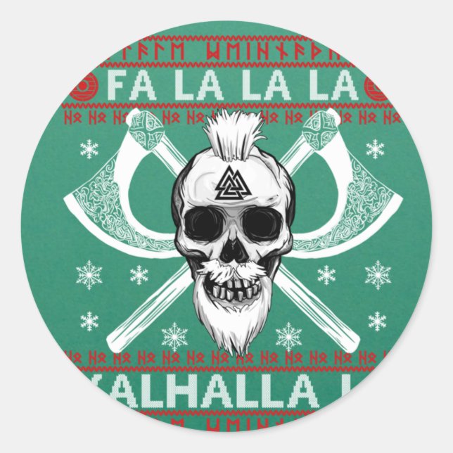 Pegatina Redonda Navidades feos diseñan Fa-La-Valhalla Viking Val (Anverso)
