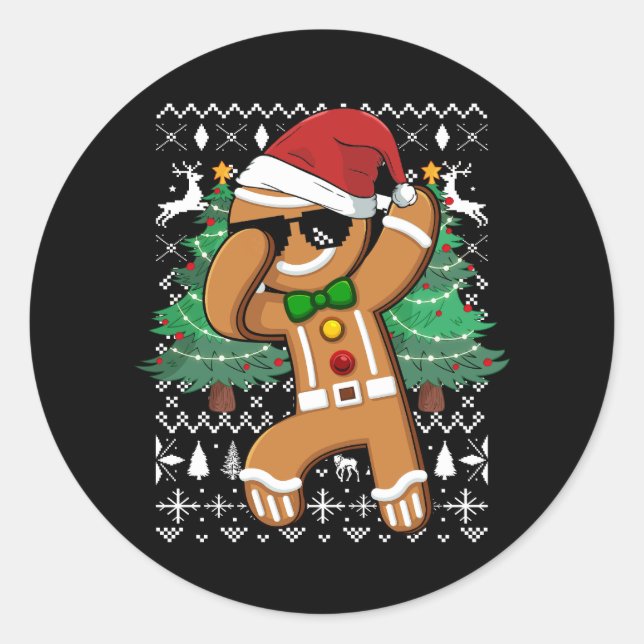 Pegatina Redonda Navidades feos sudadera Dabbing Gingerbread Man Sa (Anverso)