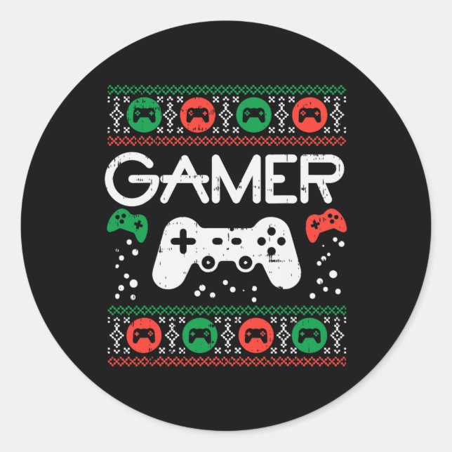 Pegatina Redonda Navidades feos Sweater Retro Video Game Xmas Boys (Anverso)