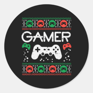 Pegatina Redonda Navidades feos Sweater Retro Video Game Xmas Boys
