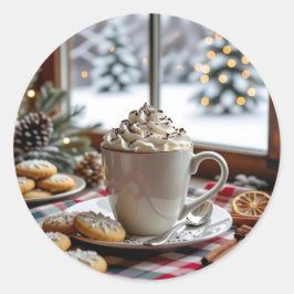 Pegatina Redonda Navidades festivos de chocolate caliente y galleta