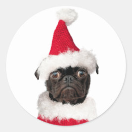 Pegatina Redonda Navidades festivos deliciosos Black Pug Puppy Sant