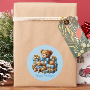 Pegatina Redonda Navidades festivos personalizable de osito de pelu