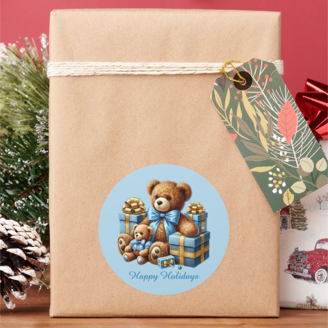 Pegatina Redonda Navidades festivos personalizable de osito de pelu (Vacaciones)