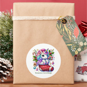 Pegatina Redonda Navidades festivos personalizable unicornio de men