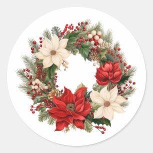 Pegatina Redonda Navidades festivos Poinsettia y Berries Wreath