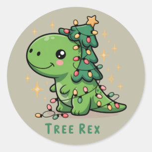 Pegatina Redonda Navidades Fiesta de luz de dinosaurios Rex árbol d