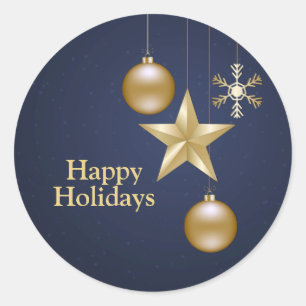 Pegatina Redonda Navidades Fiesta Golden Ornament Navy Blue Elegant