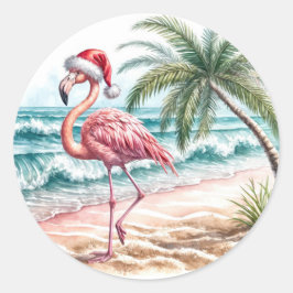Pegatina Redonda Navidades Flamingo On a Beach