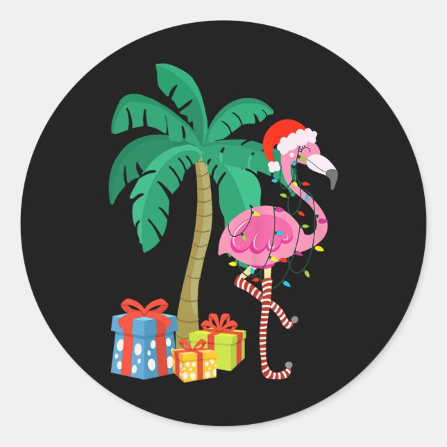 Pegatina Redonda Navidades Flamingo Rosado Palm Tree Tropical Xmas  (Anverso)