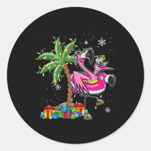 Pegatina Redonda Navidades Flamingo Rosado Palm Tree Tropical Xmas