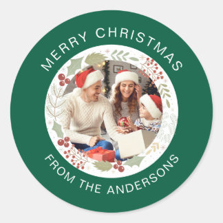 Pegatina Redonda Navidades florales nombre de familia de foto de Wr