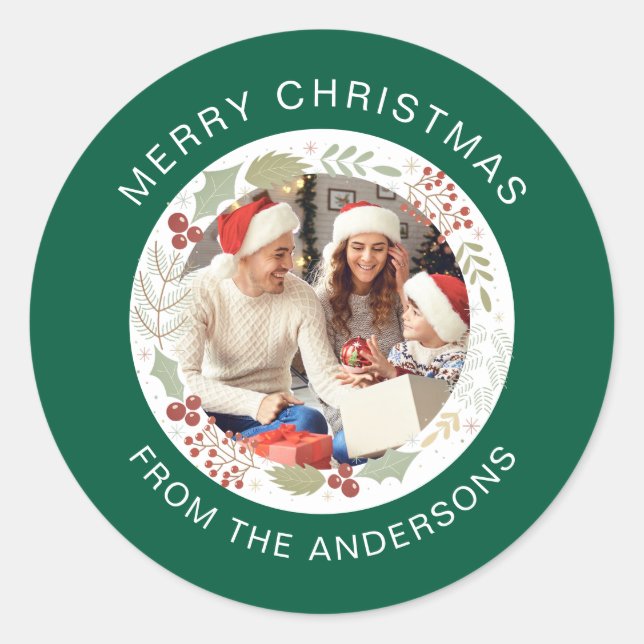 Pegatina Redonda Navidades florales nombre de familia de foto de Wr (Anverso)