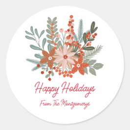 Pegatina Redonda Navidades florales nombre de familia de vacaciones