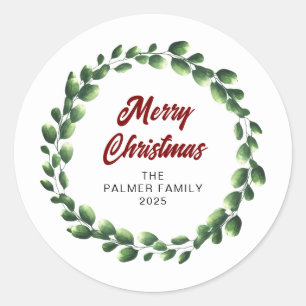 Pegatina Redonda Navidades florales Nombre de la familia Wreath