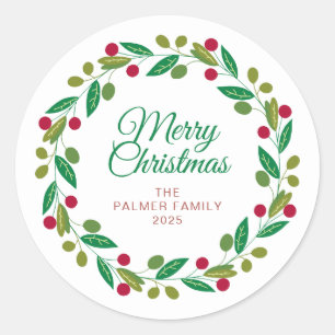 Pegatina Redonda Navidades florales Nombre de la familia Wreath