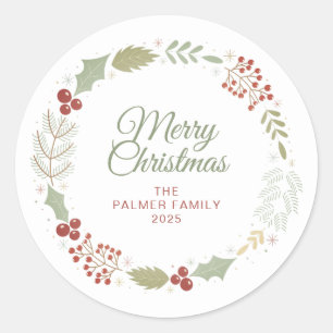 Pegatina Redonda Navidades florales Nombre de la familia Wreath