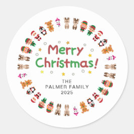 Pegatina Redonda Navidades florales Nombre de la familia Wreath
