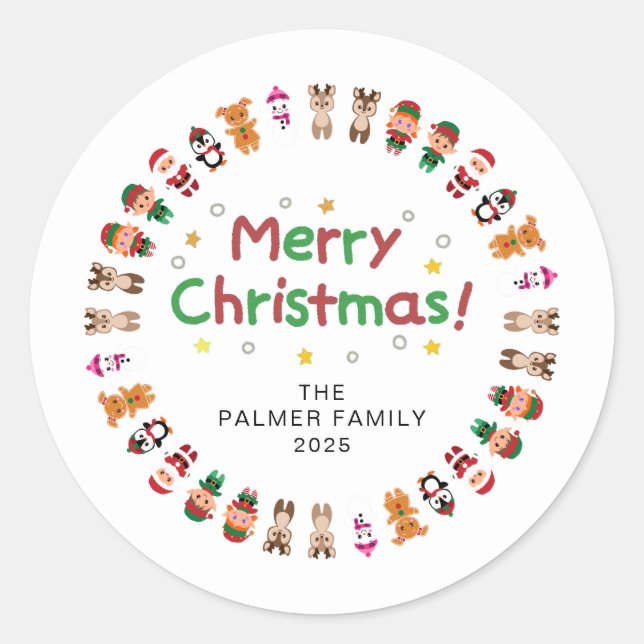 Pegatina Redonda Navidades florales Nombre de la familia Wreath (Anverso)