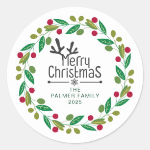 Pegatina Redonda Navidades florales Nombre de la familia Wreath