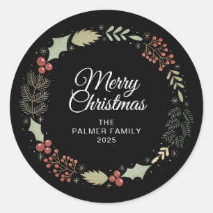 Pegatina Redonda Navidades florales Nombre de la familia Wreath