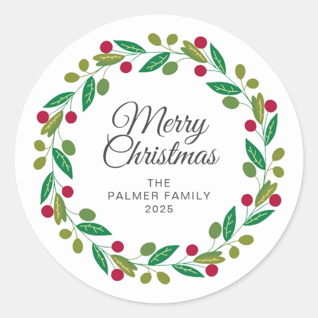 Pegatina Redonda Navidades florales Nombre de la familia Wreath (Anverso)