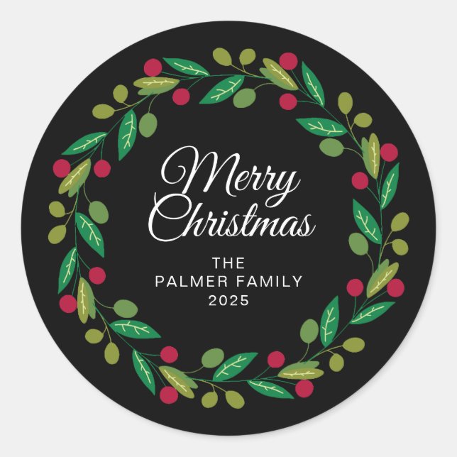 Pegatina Redonda Navidades florales Nombre de la familia Wreath (Anverso)