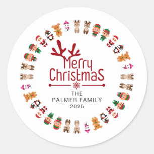Pegatina Redonda Navidades florales Nombre de la familia Wreath