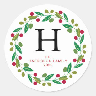 Pegatina Redonda Navidades florales Wreath Familia Monogramada Nomb