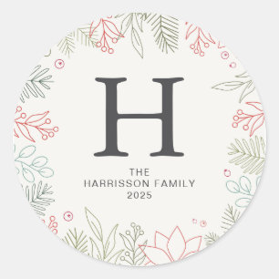 Pegatina Redonda Navidades florales Wreath Familia Monogramada Nomb