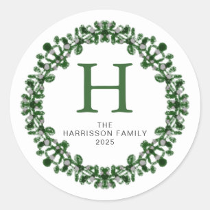 Pegatina Redonda Navidades florales Wreath Familia Monogramada Nomb