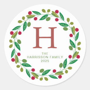 Pegatina Redonda Navidades florales Wreath Familia Monogramada Nomb