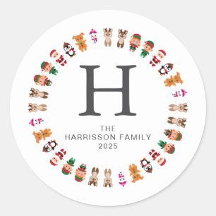 Pegatina Redonda Navidades florales Wreath Familia Monogramada Nomb