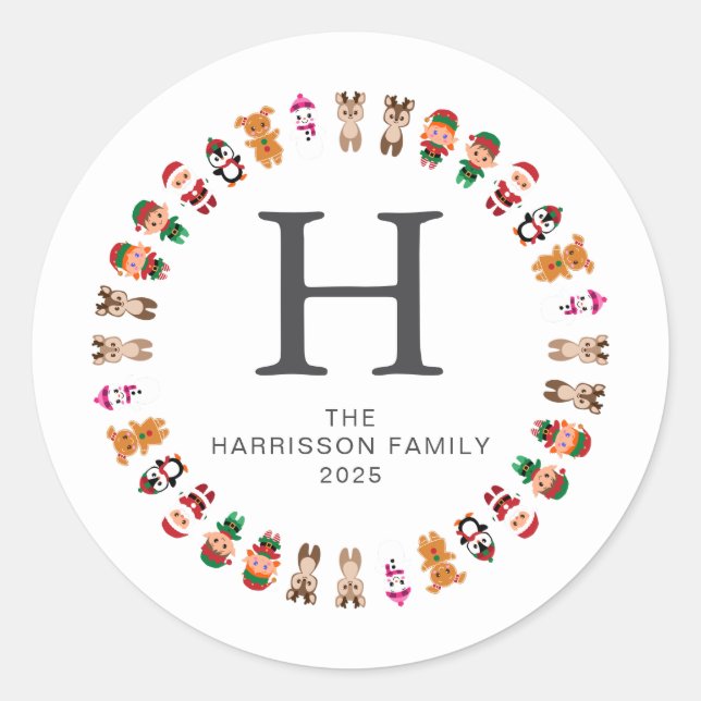Pegatina Redonda Navidades florales Wreath Familia Monogramada Nomb (Anverso)