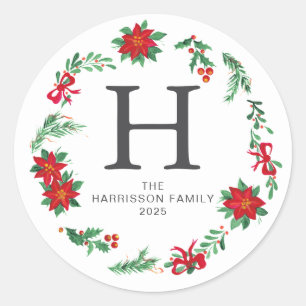 Pegatina Redonda Navidades florales Wreath Familia Monogramada Nomb