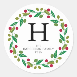 Pegatina Redonda Navidades florales Wreath Familia Monogramada Nomb