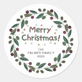 Pegatina Redonda Navidades florales Wreath Family Name Classic
