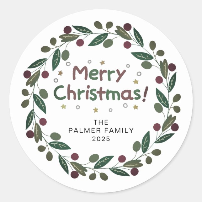 Pegatina Redonda Navidades florales Wreath Family Name Classic (Anverso)