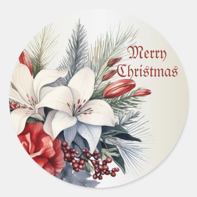 Pegatina Redonda Navidades Flores Rojas Blancas Fiestas Elegantes (Anverso)