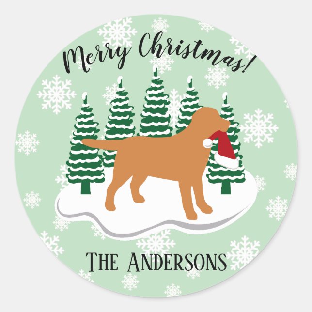 Pegatina Redonda Navidades Fox Red Labrador Evergreen Snowflakes (Anverso)