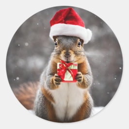 Pegatina Redonda Navidades Fox Squirrel con un Sombrero