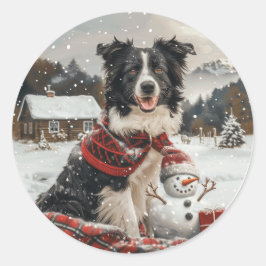Pegatina Redonda Navidades Fronteriza Perro de Collie Snowman