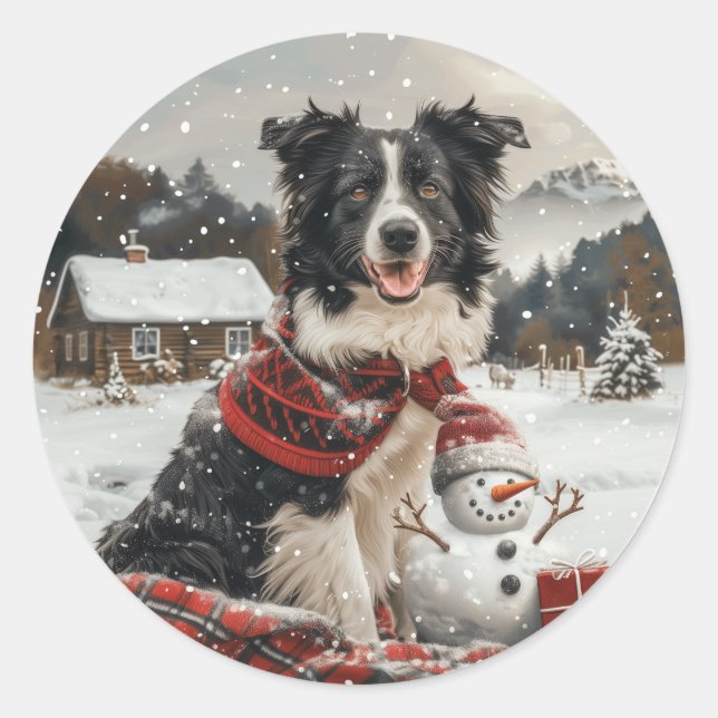 Pegatina Redonda Navidades Fronteriza Perro de Collie Snowman (Anverso)