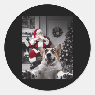 Pegatina Redonda Navidades Funny Corgi Perro Selfie Con Santa Claus