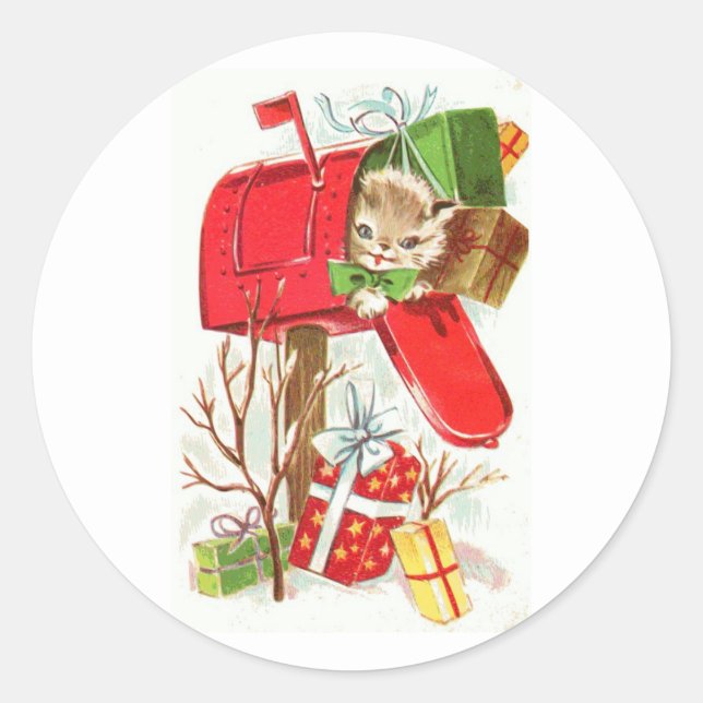 Pegatina Redonda Navidades Gatito en diseño de buzón rojo (Anverso)