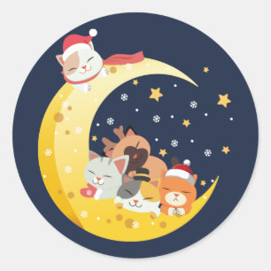 Pegatina Redonda Navidades Gatitos Gatos Estrellas de Invierno en e
