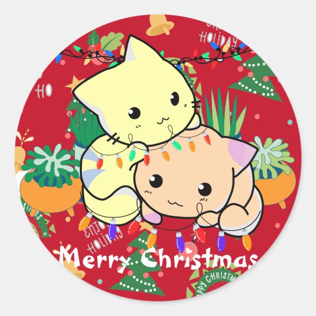 Pegatina Redonda navidades gatitos lindos, personalizar de texto pe (Anverso)