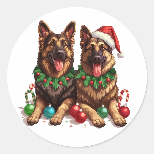 Pegatina Redonda Navidades German Shepherd Dogs (Anverso)