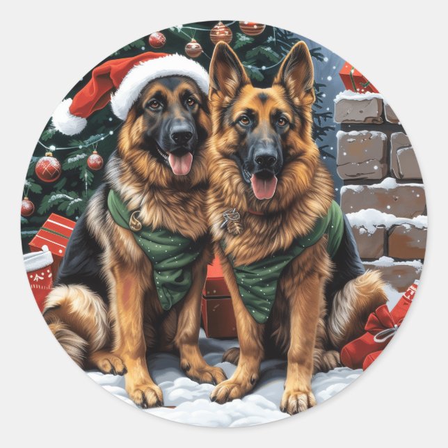 Pegatina Redonda Navidades German Shepherd Dogs (Anverso)